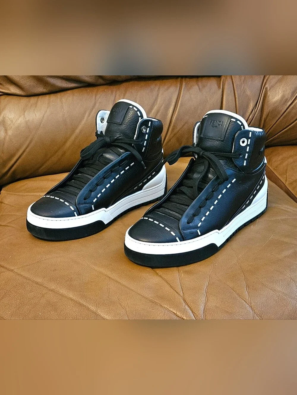 Men's Fendi Black Leather Designer High-End Sneakers Size 7 US